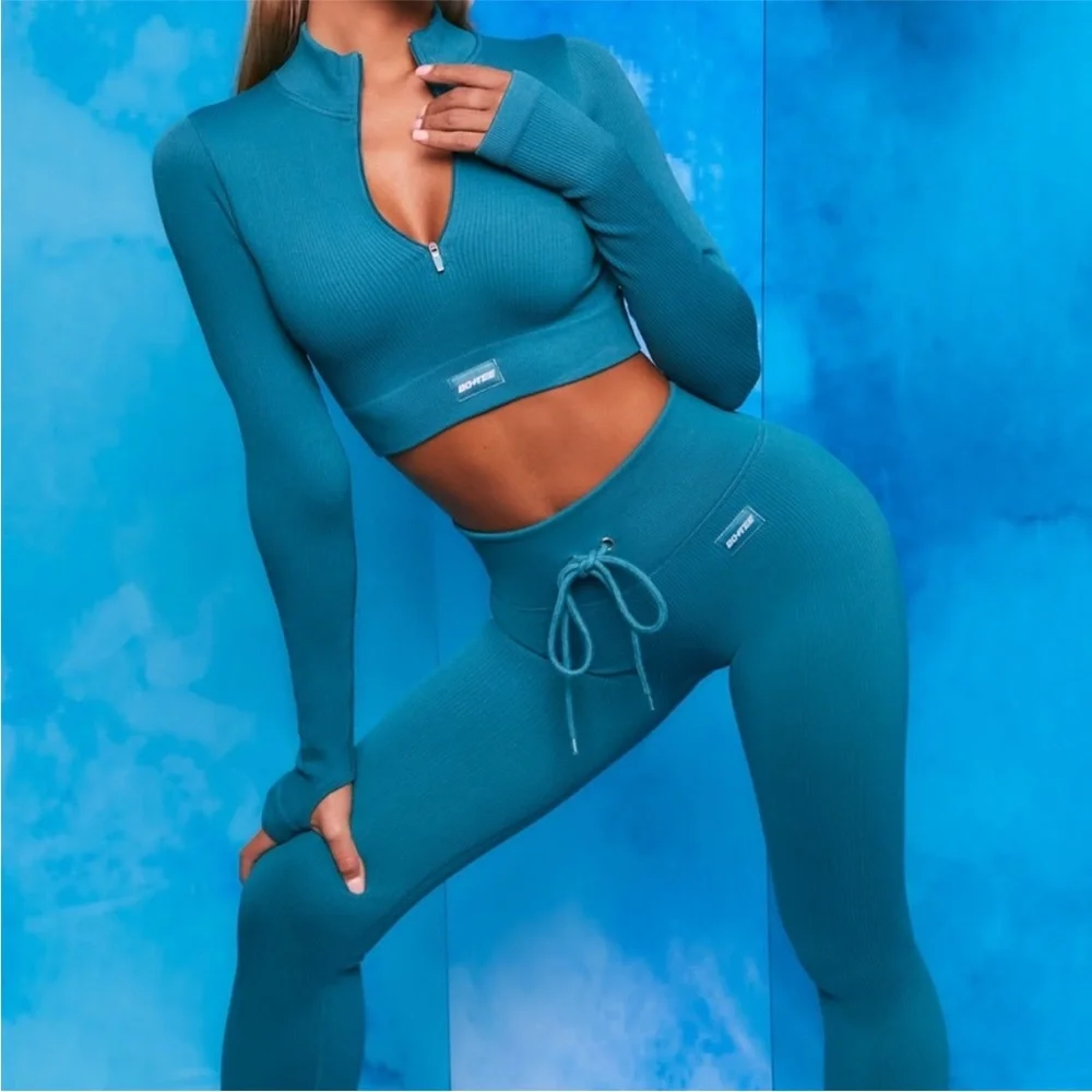 Bo + Tee Teal Endure ribbed fitness workout gym set cropped tops and leggings XS - Picture 3 of 11